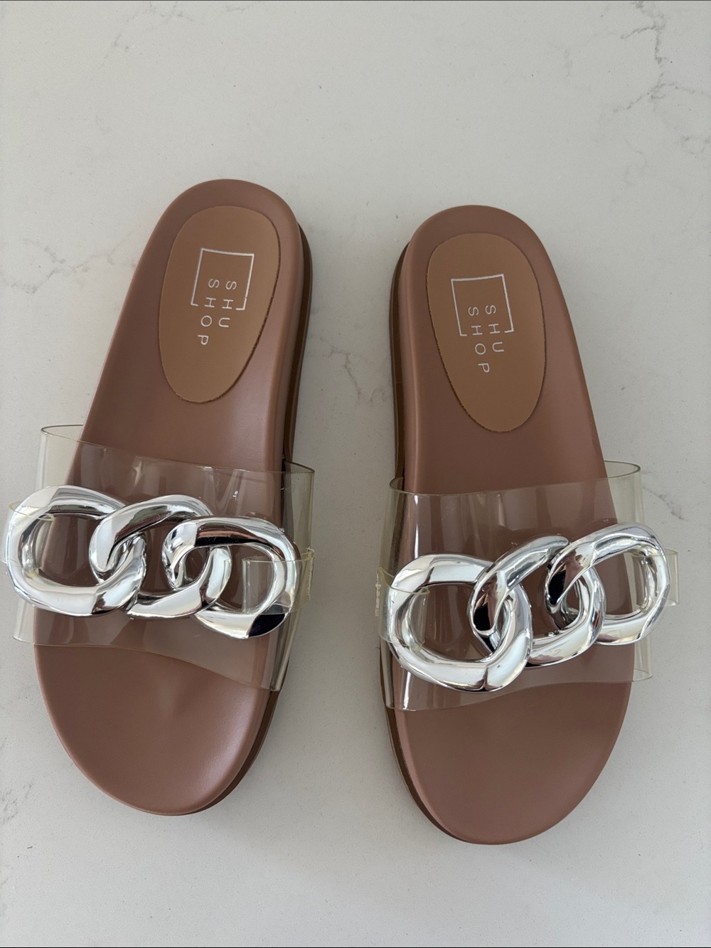 ShuShop Brown Slide Sandals with Clear Strap and Silver Chain